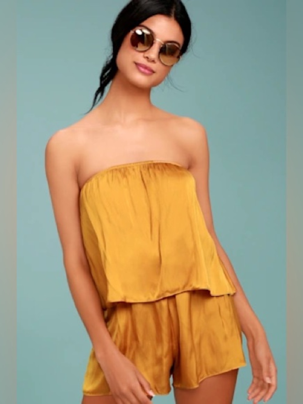 HONEY PUNCH Mustard Yellow Satin Strapless Tiered Romper Sz M